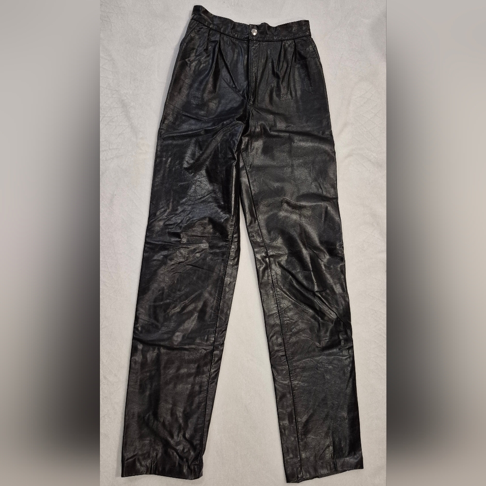 Vintage Black Genuine Leather High Waist Lined Pleated Pants Women's Size 2